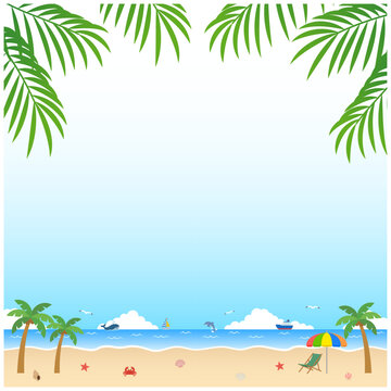 夏のビーチ背景 正方形｜ヤシの葉と海のトロピカルベクター素材　Summer Beach Background Square &ndash; Tropical Ocean with Palm Leaves Vector