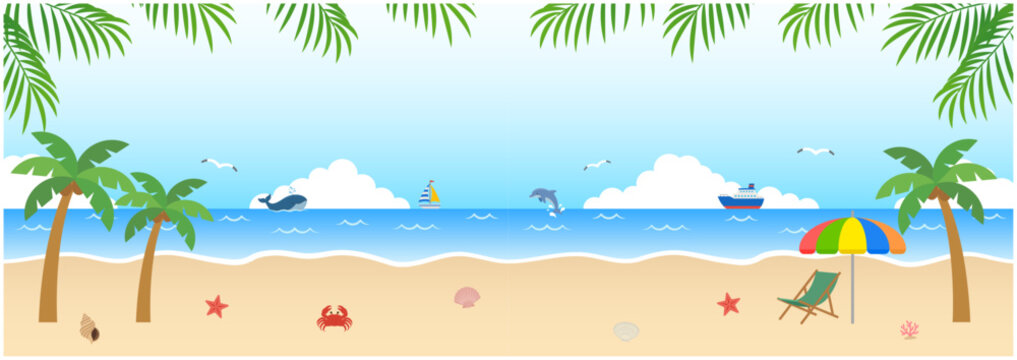夏のビーチ背景 横長｜ヤシの葉と海のトロピカルベクター素材　Summer Beach Background Horizontal &ndash; Tropical Ocean with Palm Leaves Vector