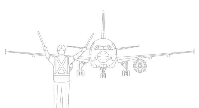 Airport Ground Crew Marshalling Airplane Vector Illustration