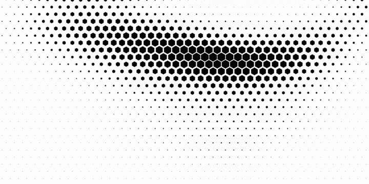 Hexagon halftone gradient texture. Abstract black grunge background. Geometric retro halftone tech overlay. Fading wavy hexagonal pattern backdrop. Vector wallpaper