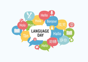 A colorful graphic celebrating Language Day with multilingual greetings © Darna