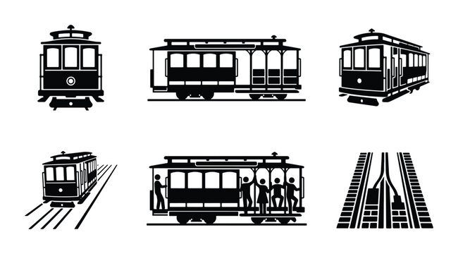 Vintage Cable Car Icons, San Francisco Streetcar Vector Set, Retro Transit Collection