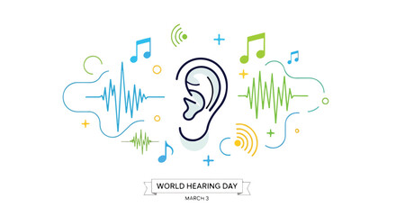 A colorful illustration of an ear with sound waves