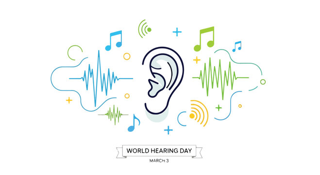 A colorful illustration of an ear with sound waves