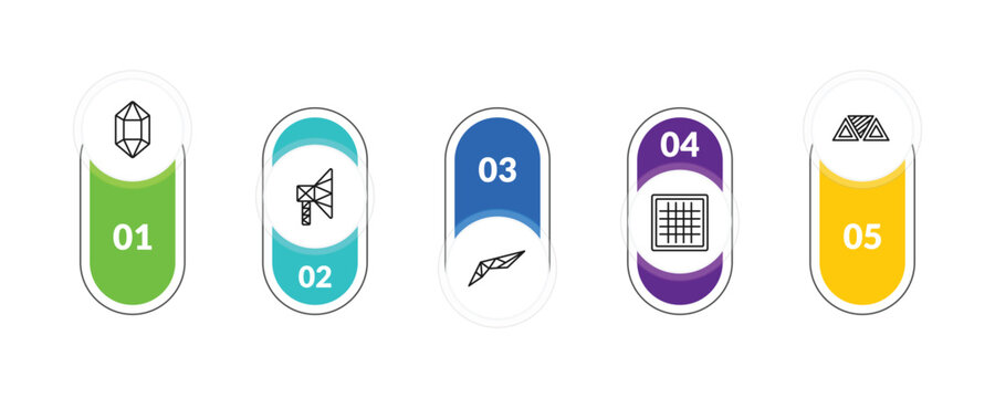 outline geometric figure icons set - polygonal jewel, polygonal megaphone, grids, triple triangle. editable vector for web and mobile ui