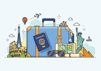 A cartoonish travel illustration with a suitcase, landmarks © Dandi
