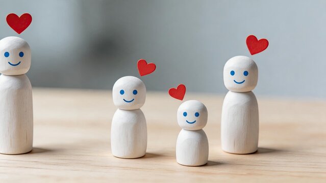 Happy wooden peg doll family with smiling faces and red hearts, representing love, unity, parenting, child care and positive family relationships concept