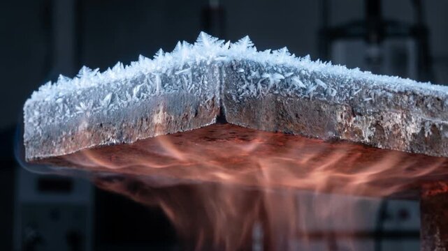 電流の通過により合金板の表面に氷結と排熱が非対称に生じるペルティエ効果の抽象CGアニメーション