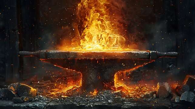 Blacksmith anvil glowing embers intense flames forge fire metalworking background