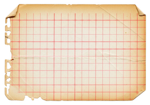Old graph paper sheet with red grid lines and worn edges isolated on transparent background cutout