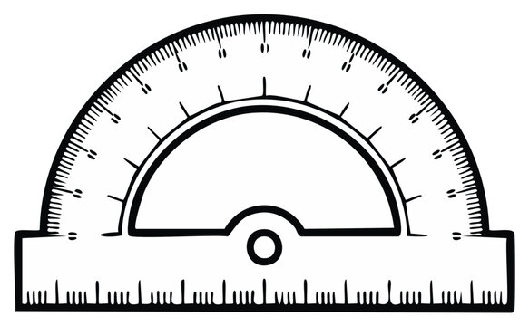 Black and white illustration of a protractor drawing tool for measuring angles in geometry