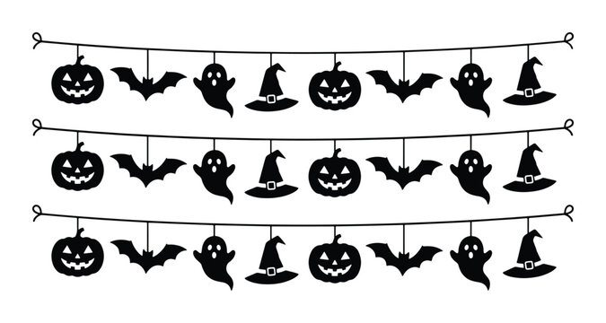 Halloween Garland Vector Set: Spooky Pumpkins, Bats, Ghosts, Witch Hats, Festive Decorations
