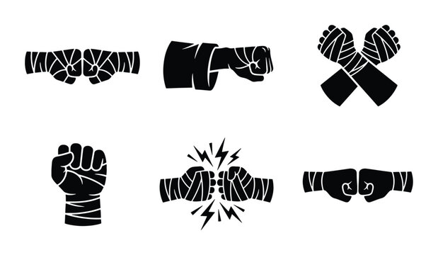 Boxing Hand Wraps Icons, Martial Arts Fist Symbols, Combat Sports Punch Graphics, Fight Club Vector Set
