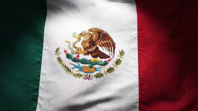 Waving flag of mexico with detailed national emblem of an eagle perched on a cactus devouring a snake, textured fabric background