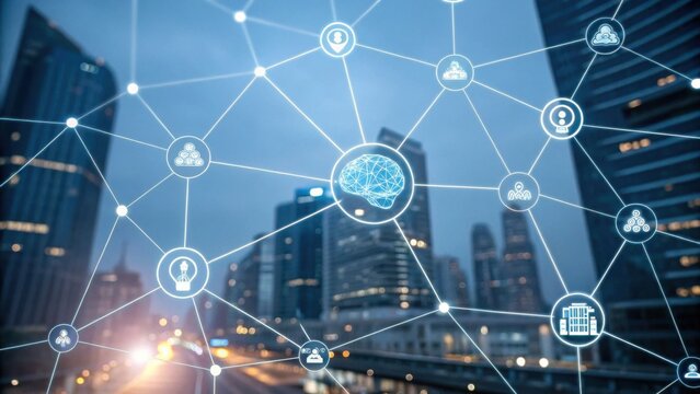 Digital network with interconnected nodes represents AI learning in cityscape, symbolizing global connectivity and innovation