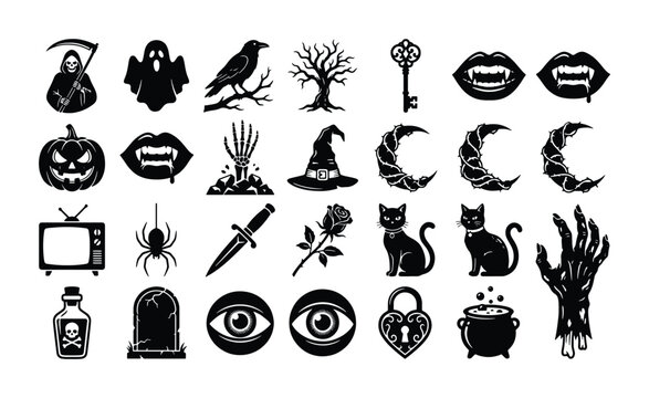 Halloween Icons Set: Spooky Vector Graphics for Festive Designs, Grim Reaper, Ghost, Raven, Witch Hat, Pumpkin