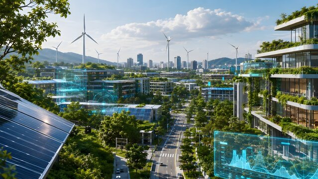 Eco friendly smart city with solar panels and wind turbines, sustainable green energy infrastructure and modern architectural urban development at sunset.