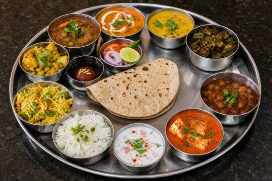 Traditional Indian thali meal served on round metal platter. Assortment of curry, rice, bread, dal and vegetable dishes. Authentic culinary experience for vegetarian restaurant menu.