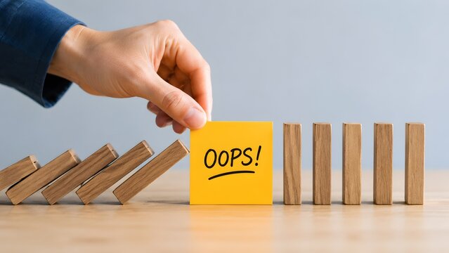 Error correction strategy featuring hand stopping a domino chain reaction with an oops note for business problem solving.
