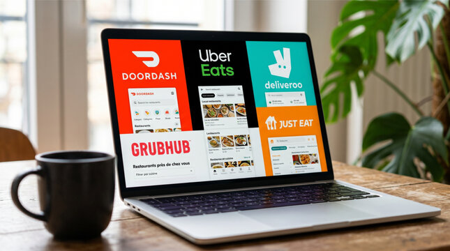 Laptop on a wooden table displaying a collage of food delivery applications like DoorDash, Uber Eats, Deliveroo, Just Eat, and Grubhub interfaces with a black coffee mug and a plant in background.