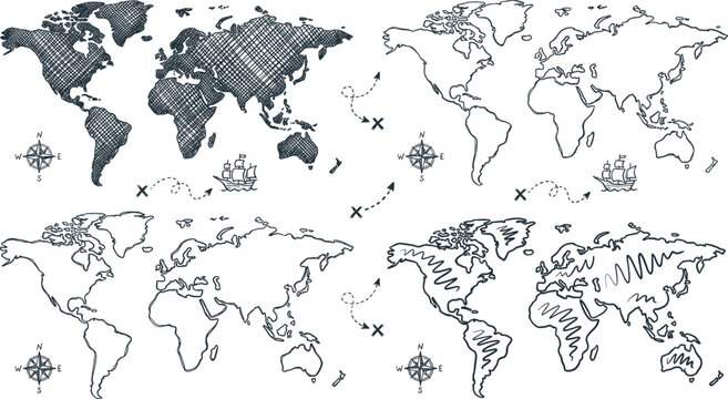 Hand drawn vintage world map vector illustration set featuring sketch crosshatch patterns, outline borders, old sailing ship boat, travel route lines, and antique compass rose elements.