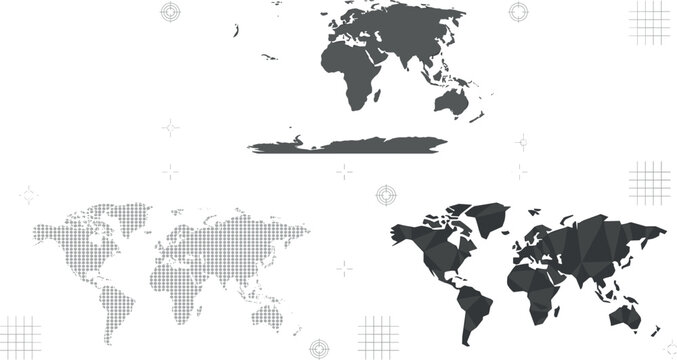 Global world map vector infographic bundle featuring solid gray silhouette abstract square grid pattern geometric low poly lowpoly layout and radar targets.