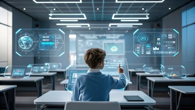 Young student interacts with futuristic digital interfaces in modern classroom, showcasing advanced technology in education
