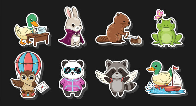 Colorful cartoon animals in playful poses and activities.