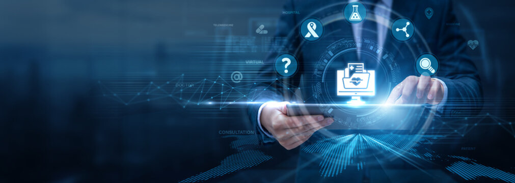 Telehealth Specialist Analysing Telehealth Using Tablet and Networking Data, remote healthcare, virtual consultations, patient monitoring, digital medical services