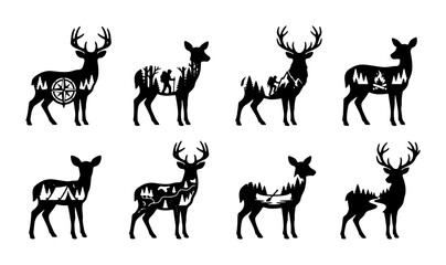 Set of 8 Deer Silhouettes with Nature Landscapes Inside, Vector Graphics for Outdoor Adventure and Wildlife Themes © Arif