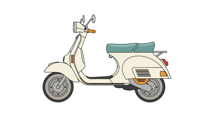 Side view illustration of a vintage cream motor scooter with a teal seat on white background © Konco