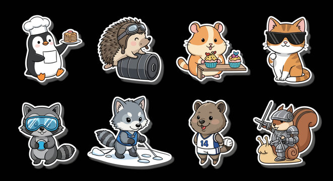 Colorful cartoon animal characters in various professions and outfits.