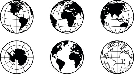 Planet earth world map globe sphere vector illustration set featuring black geographic continents, latitude longitude grid lines, and global navigation perspective views. © Donal! 