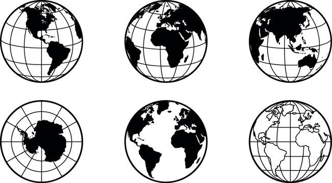 Planet earth world map globe sphere vector illustration set featuring black geographic continents, latitude longitude grid lines, and global navigation perspective views.