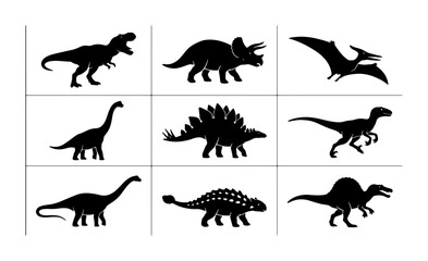 Dinosaur Silhouettes Collection, Prehistoric Creatures Vector Icons, Jurassic Era Animals Graphics, Ancient Reptiles Set © Tahmina