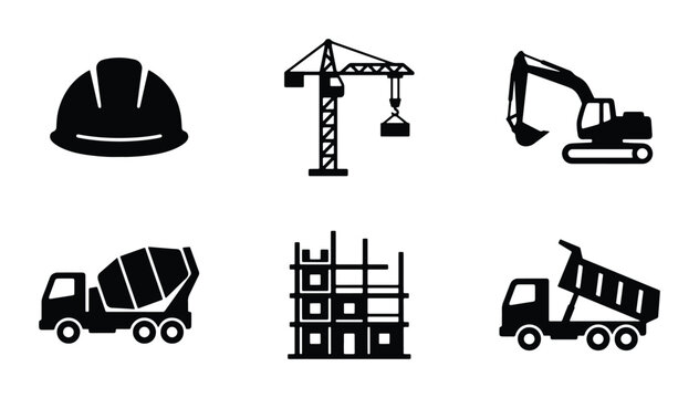 Construction Icons Set: Safety Helmet, Crane, Excavator, Mixer Truck, Building Frame, Tipper