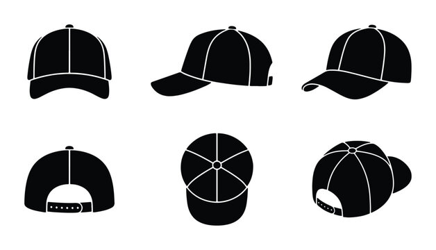 Black Baseball Caps, Vector Set: Front, Side, Back Views. Headwear Collection