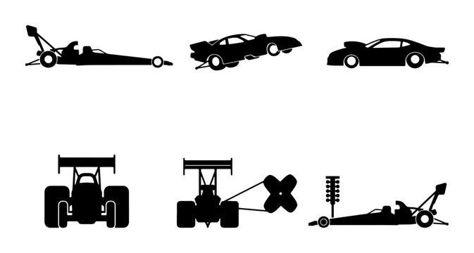 Drag Racing Cars Silhouette Collection, Speed Sports Vehicles Vector Set, Automotive Competition Machines Graphics