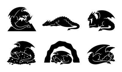 Mythical Dragon Icons Set, Fantasy Creature Silhouettes, Ancient Legend Beasts, Medieval Folklore Symbols, Black Vector Graphics for Gaming and Storytelling © Tahmina