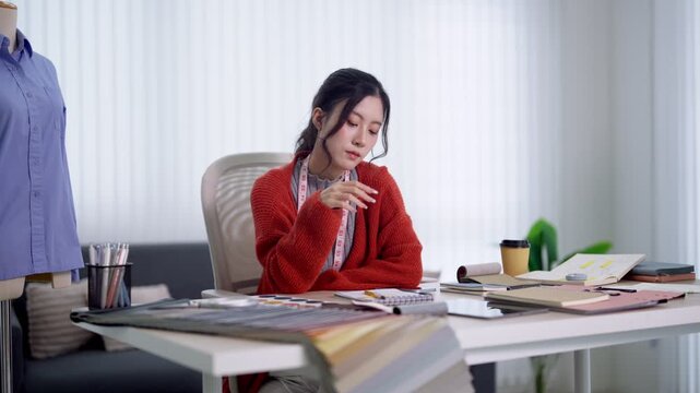 Young Asian fashion designer sitting at creative studio desk looking downward thoughtfully while working with fabric samples and sketches in bright minimalist