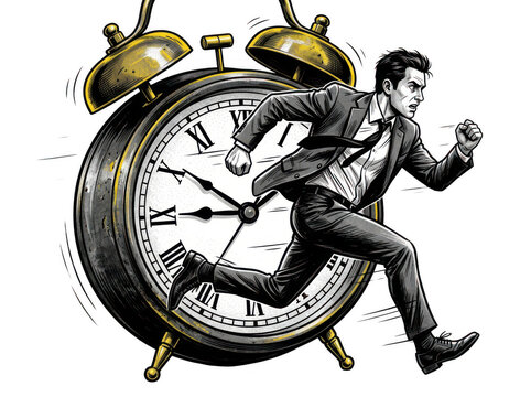 Businessman running in front of large alarm clock isolated on transparent background