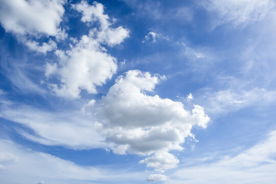 Clear Blue Sky with Soft White Clouds and Bright Natural Daylight Background, Beautiful Clear Blue Sky with Soft White Clouds and Ample Copy Space