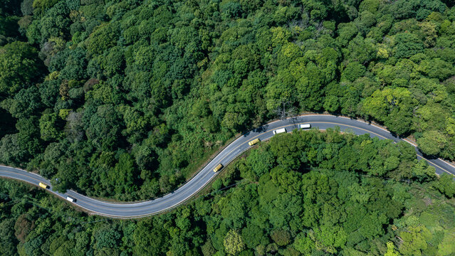 Scenic aerial view of forest road with vehicles, highlighting balance between development and nature, suitable for ESG and sustainability campaigns.