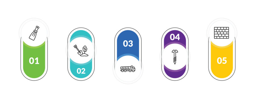 outline construction icons set - scratcher tool, big shovel, screw, brickwall. editable vector for web and mobile ui