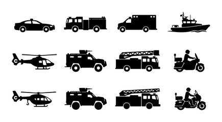Emergency Vehicle Icons Collection: Police Car, Fire Truck, Ambulance, Boat, Helicopter, Armored Car, Motorcycle, 12 Vector Graphics for Safety and Service © Kamrul
