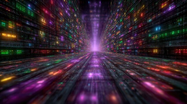Vibrant Digital Corridor with Glowing Lights and Futuristic Data Design in Deep Perspective View