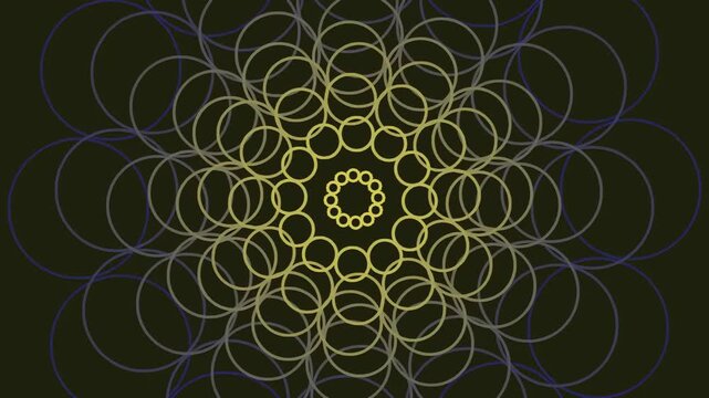 Intricate geometric mandala pattern of overlapping circles in yellow and blue hues on dark background