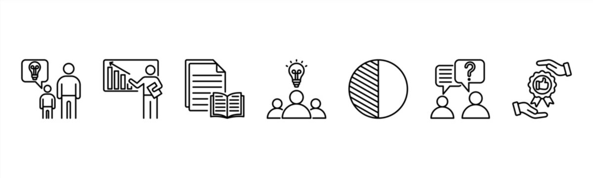 Knowledge Transfer Management icon set includes Mentorship, Training, Documentation, Workshops, Shadowing, Q&A Sessions, and Best Practice Sharing for knowledge continuity.