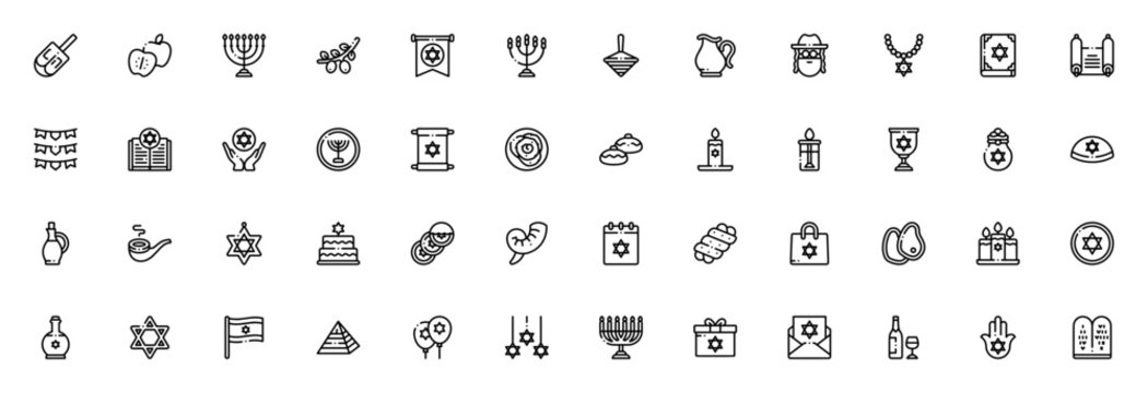 Hanukkah icon set. Judaism vector icons. Minimal line art pack. Includes dreidel, menorah, Star of David, Torah, shofar, challah, latkes, sufganiyah, candles, olive oil, gift, coin and more. Editable 