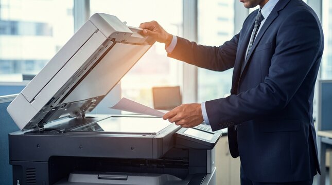 A businessman in a suit is using a photocopier to scan or copy documents in a modern office setting.